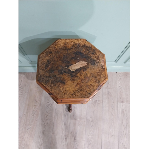 292 - 19th C. Burr walnut sewing table on turned column and tripod base. {81 cm H x 43 cm Dia.}.