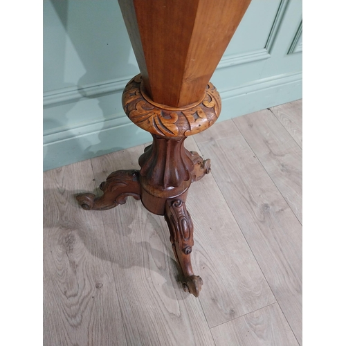 292 - 19th C. Burr walnut sewing table on turned column and tripod base. {81 cm H x 43 cm Dia.}.