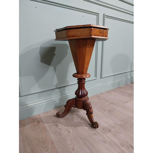 292 - 19th C. Burr walnut sewing table on turned column and tripod base. {81 cm H x 43 cm Dia.}.