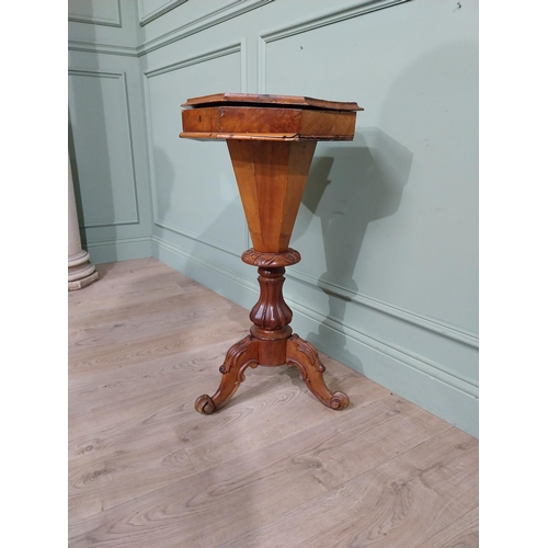 292 - 19th C. Burr walnut sewing table on turned column and tripod base. {81 cm H x 43 cm Dia.}.