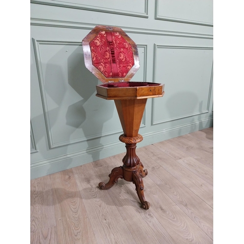 292 - 19th C. Burr walnut sewing table on turned column and tripod base. {81 cm H x 43 cm Dia.}.