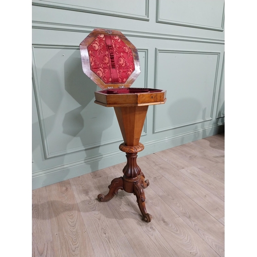 292 - 19th C. Burr walnut sewing table on turned column and tripod base. {81 cm H x 43 cm Dia.}.