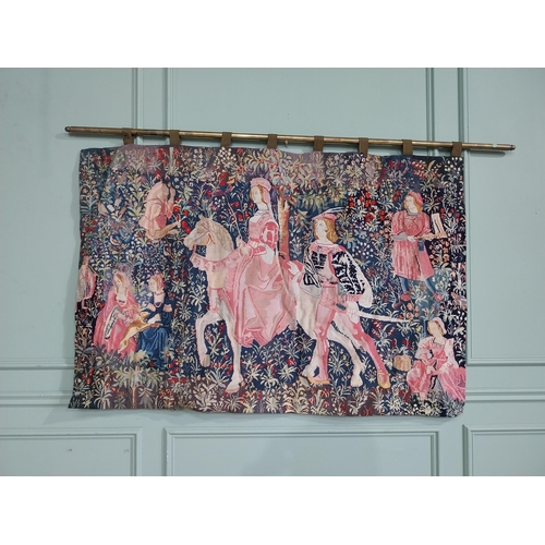 309 - 20th C. Hanging wall tapestry with brass rail depicting Knights and Maiden. {100 cm H x 166 cm W}.