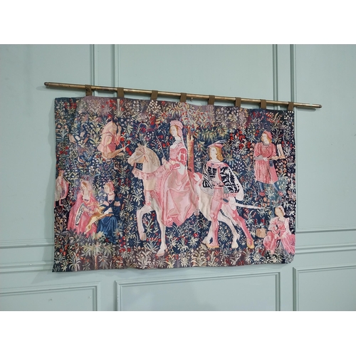 309 - 20th C. Hanging wall tapestry with brass rail depicting Knights and Maiden. {100 cm H x 166 cm W}.