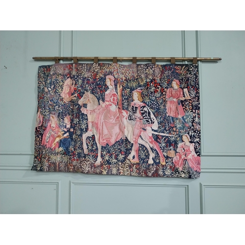 309 - 20th C. Hanging wall tapestry with brass rail depicting Knights and Maiden. {100 cm H x 166 cm W}.