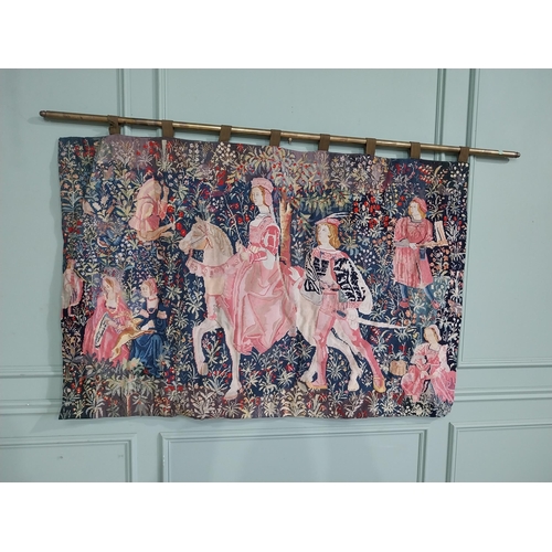 309 - 20th C. Hanging wall tapestry with brass rail depicting Knights and Maiden. {100 cm H x 166 cm W}.