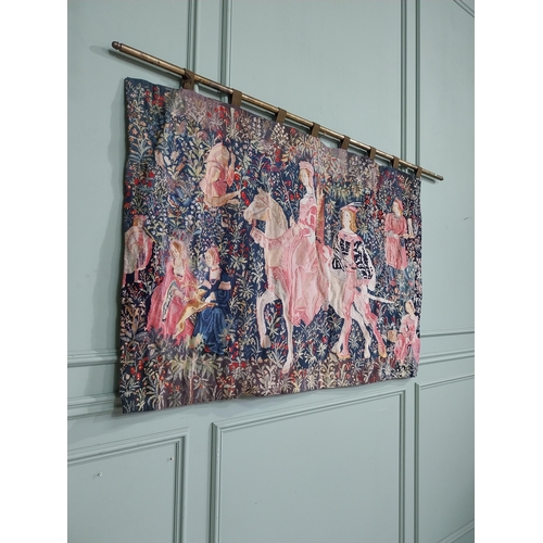 309 - 20th C. Hanging wall tapestry with brass rail depicting Knights and Maiden. {100 cm H x 166 cm W}.