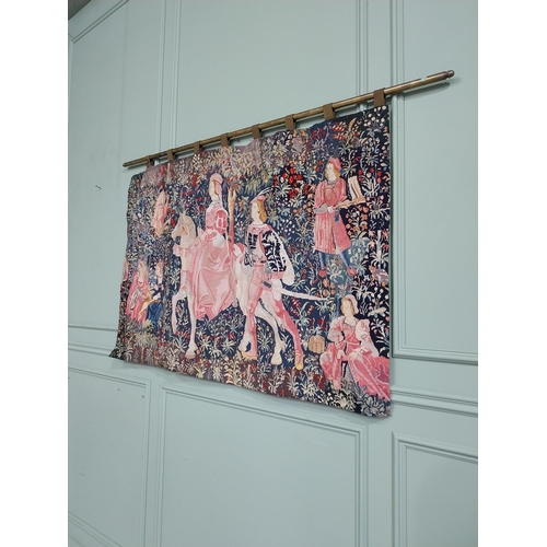 309 - 20th C. Hanging wall tapestry with brass rail depicting Knights and Maiden. {100 cm H x 166 cm W}.