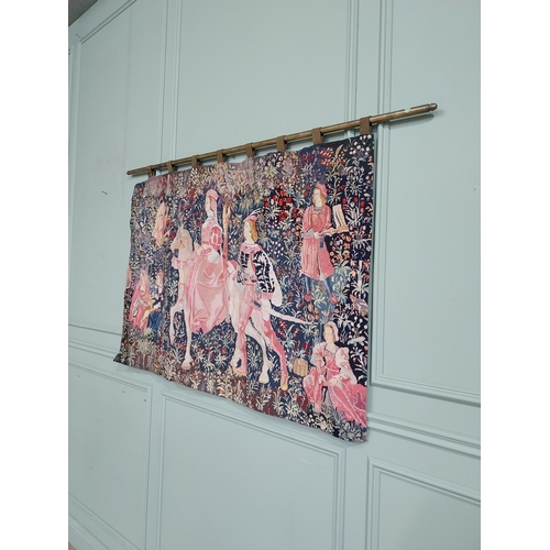 309 - 20th C. Hanging wall tapestry with brass rail depicting Knights and Maiden. {100 cm H x 166 cm W}.