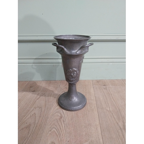 325 - Art nouveau Pewter vase with floral decoration. {28 cm H x 13 cm Dia.}.