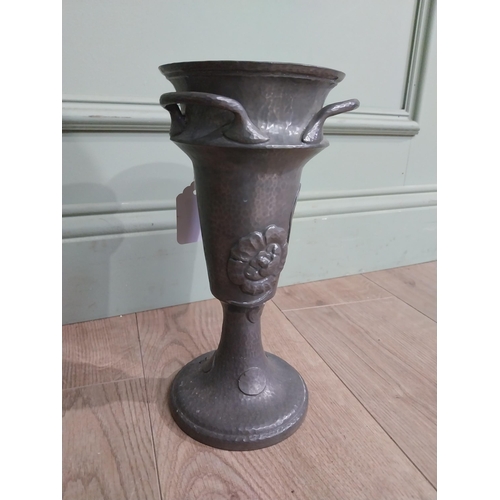 325 - Art nouveau Pewter vase with floral decoration. {28 cm H x 13 cm Dia.}.