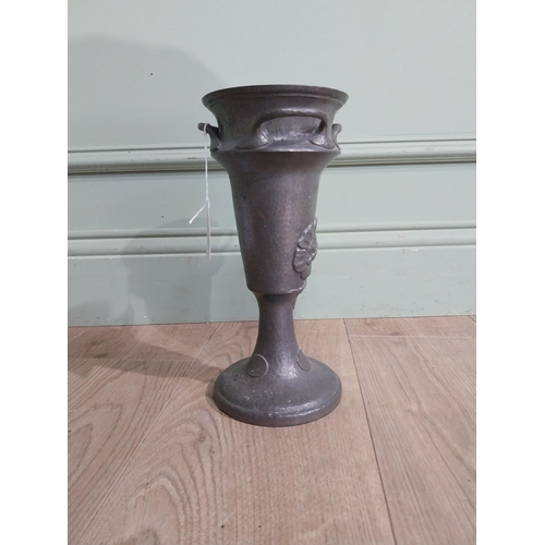 325 - Art nouveau Pewter vase with floral decoration. {28 cm H x 13 cm Dia.}.