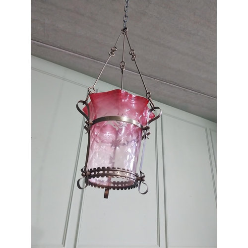 328 - Early 20th C. Ruby glass shade with brass gallery. {68 cm H x 30 cm Dia.}.