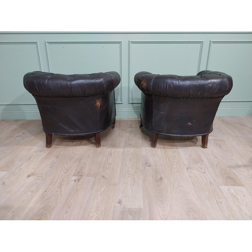 331 - Pair of 19th C hand dyed leather deep buttoned Chesterfield club chairs on tapered feet and castors.... 