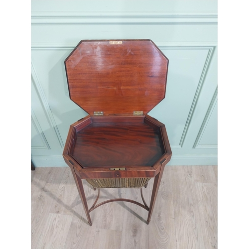 333 - Georgian mahogany and satinwood work table with pleated work basket connecting stretchers raised on ... 