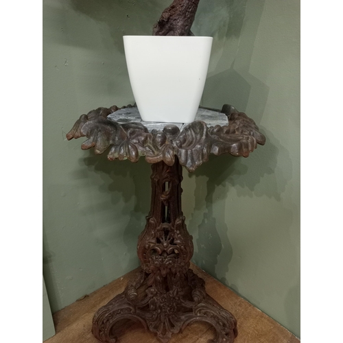 337 - Cast iron plant stand with marble insert. {H 66cm x Dia 48cm}.   NOT AVAILABLE TO VIEW IN PERSON