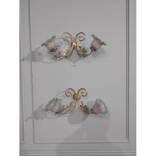 339 - Pair of 19th C. Brass double wall sconces with frosted and coloured glass shades. {25 cm H x 56 cm W... 