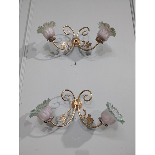 339 - Pair of 19th C. Brass double wall sconces with frosted and coloured glass shades. {25 cm H x 56 cm W... 