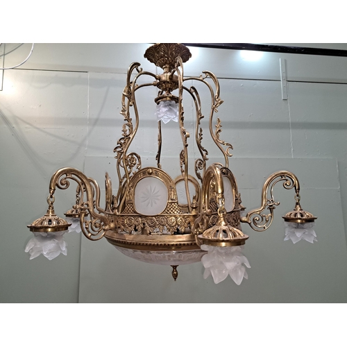 34 - Solid brass seven branch chandelier with cut glass inserts and dome and floral shades.  {H 90cm x Di... 