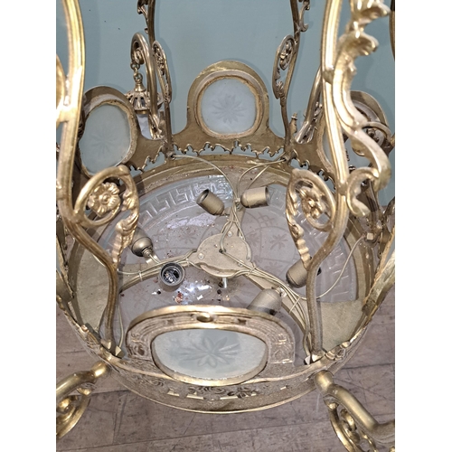 34 - Solid brass seven branch chandelier with cut glass inserts and dome and floral shades.  {H 90cm x Di... 