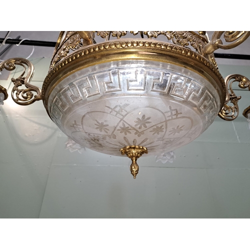 34 - Solid brass seven branch chandelier with cut glass inserts and dome and floral shades.  {H 90cm x Di... 