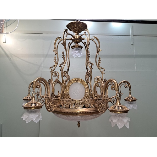 34 - Solid brass seven branch chandelier with cut glass inserts and dome and floral shades.  {H 90cm x Di... 