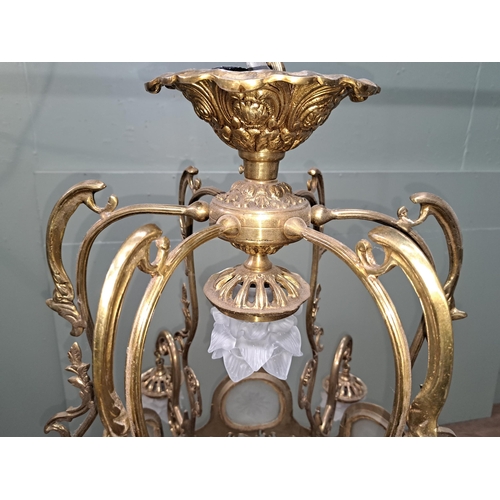 34 - Solid brass seven branch chandelier with cut glass inserts and dome and floral shades.  {H 90cm x Di... 