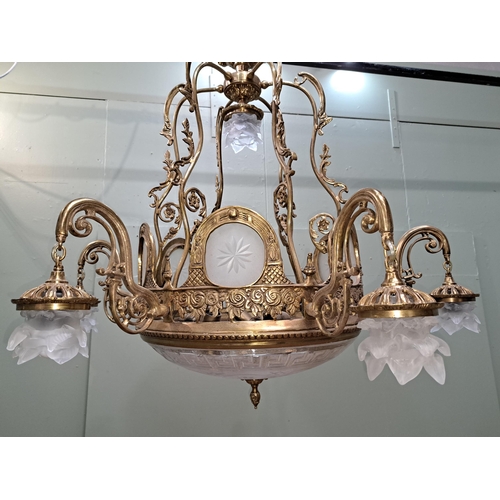 34 - Solid brass seven branch chandelier with cut glass inserts and dome and floral shades.  {H 90cm x Di... 