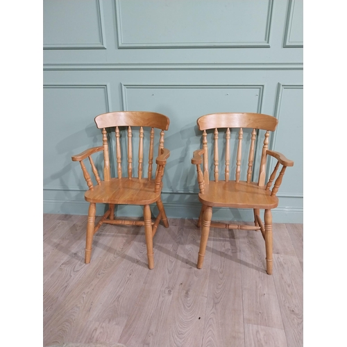 340 - Pair of pine kitchen armchairs on turned legs. {90 cm H x 56 cm W x 43 cm D}