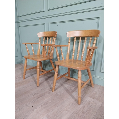 340 - Pair of pine kitchen armchairs on turned legs. {90 cm H x 56 cm W x 43 cm D}