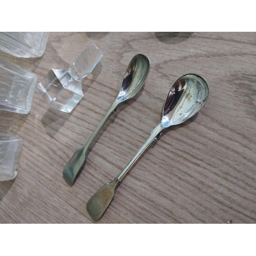 343 - Collection of Victorian cut glass bottles and two spoons {17 cm H to 5 cm H}.