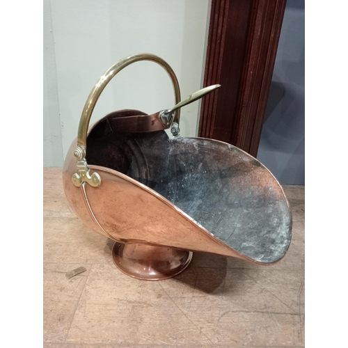 346 - Copper and brass coal scuttle with copper and brass shovel. {H 46cm x W 56cm x D 31cm}.  NOT AVAILAB... 