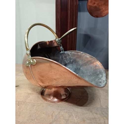 346 - Copper and brass coal scuttle with copper and brass shovel. {H 46cm x W 56cm x D 31cm}.  NOT AVAILAB... 