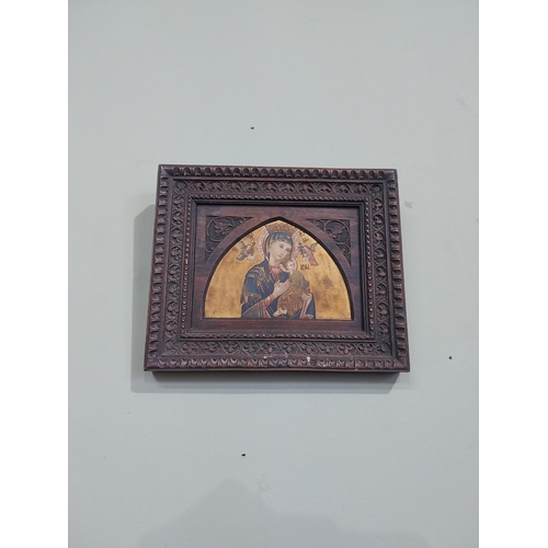 347 - Hand painted gilt Russian Icon in hardwood frame. {15 cm H x 18 cm D}.