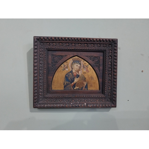 347 - Hand painted gilt Russian Icon in hardwood frame. {15 cm H x 18 cm D}.