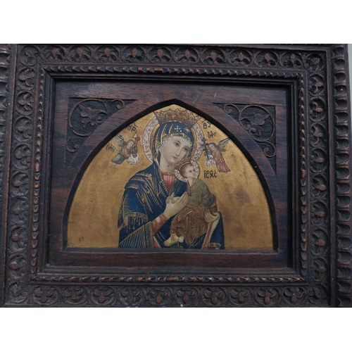 347 - Hand painted gilt Russian Icon in hardwood frame. {15 cm H x 18 cm D}.