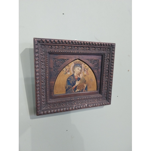 347 - Hand painted gilt Russian Icon in hardwood frame. {15 cm H x 18 cm D}.