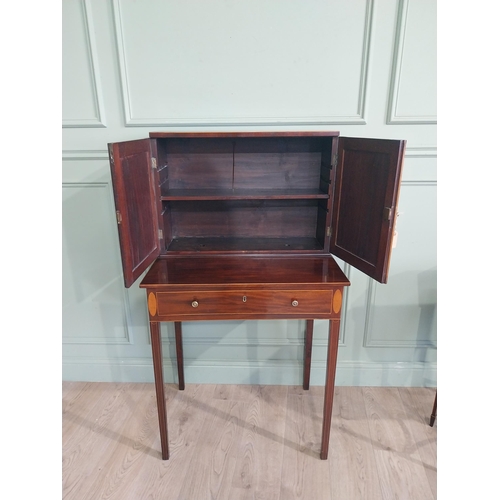 348 - Georgian mahogany and satinwood side cabinet with two long doors over one long drawer raised on tape... 