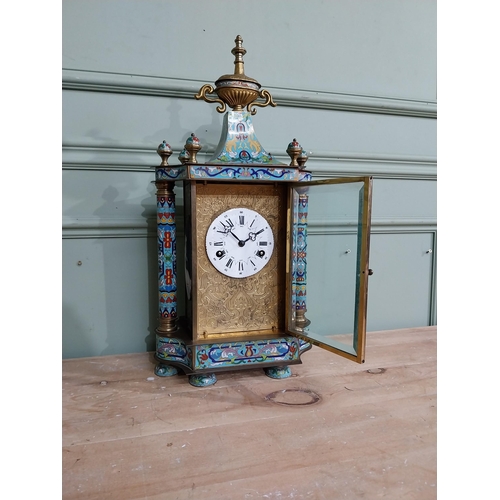 351 - French brass and cloisonne mantle clock {54 cm H x 25 cm W x 15 cm D}.