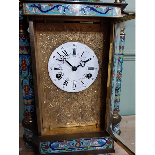 351 - French brass and cloisonne mantle clock {54 cm H x 25 cm W x 15 cm D}.