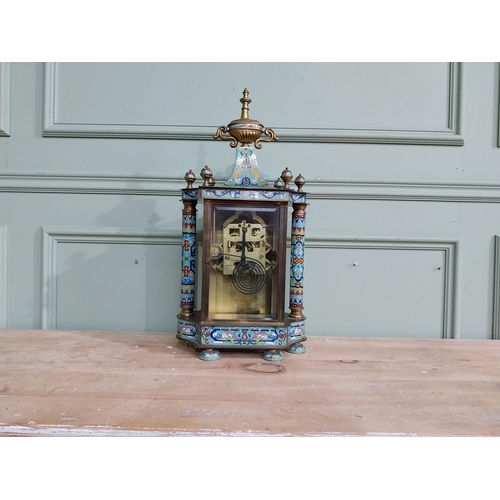 351 - French brass and cloisonne mantle clock {54 cm H x 25 cm W x 15 cm D}.