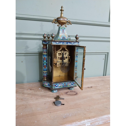 351 - French brass and cloisonne mantle clock {54 cm H x 25 cm W x 15 cm D}.