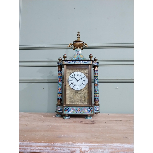 351 - French brass and cloisonne mantle clock {54 cm H x 25 cm W x 15 cm D}.