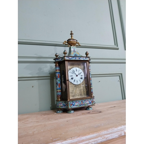 351 - French brass and cloisonne mantle clock {54 cm H x 25 cm W x 15 cm D}.