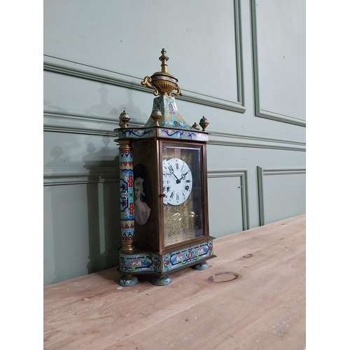 351 - French brass and cloisonne mantle clock {54 cm H x 25 cm W x 15 cm D}.