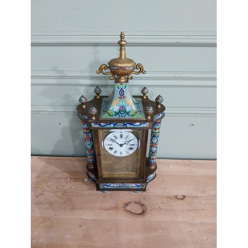 351 - French brass and cloisonne mantle clock {54 cm H x 25 cm W x 15 cm D}.