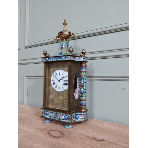 351 - French brass and cloisonne mantle clock {54 cm H x 25 cm W x 15 cm D}.