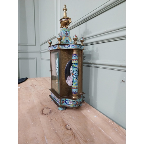 351 - French brass and cloisonne mantle clock {54 cm H x 25 cm W x 15 cm D}.