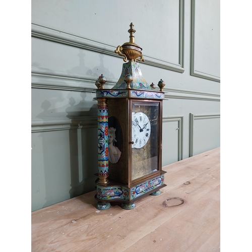 351 - French brass and cloisonne mantle clock {54 cm H x 25 cm W x 15 cm D}.