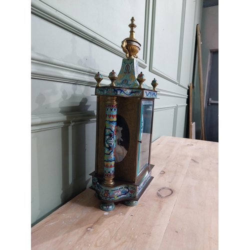 351 - French brass and cloisonne mantle clock {54 cm H x 25 cm W x 15 cm D}.